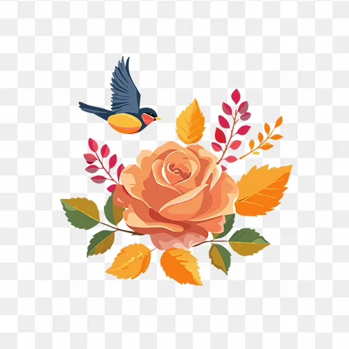 Rose and bird flying in early autumn, free PNG image for seasonal designs