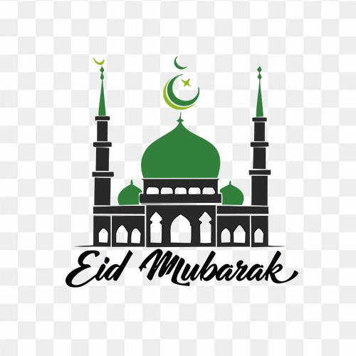 Black and Green Mosque Design with Eid Mubarak Free PNG