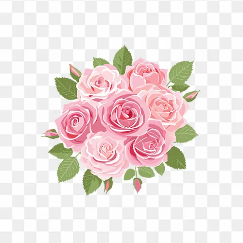 Bouquet of pink roses with green leaves in PNG format, available for free download