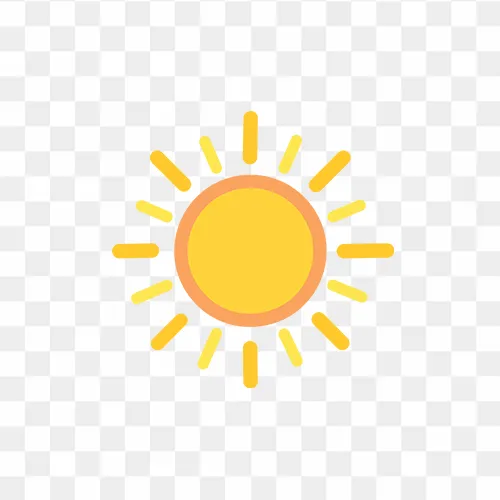 Bright yellow flat vector sun icon with circular rays on transparent background