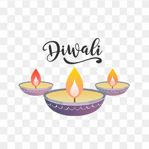 Diwali festival greeting text with decorative diya PNG transparent background