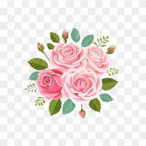 Pink roses bouquet with green leaves in PNG format for free download