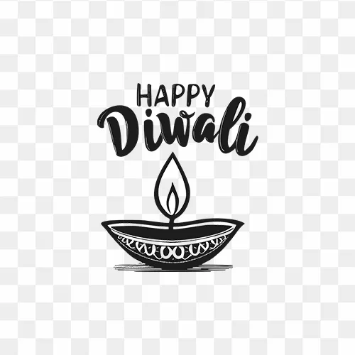 Traditional diya illustration with Happy Diwali text in PNG format