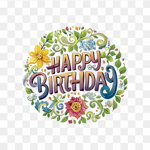 Colorful Happy Birthday text with floral decorations in PNG format
