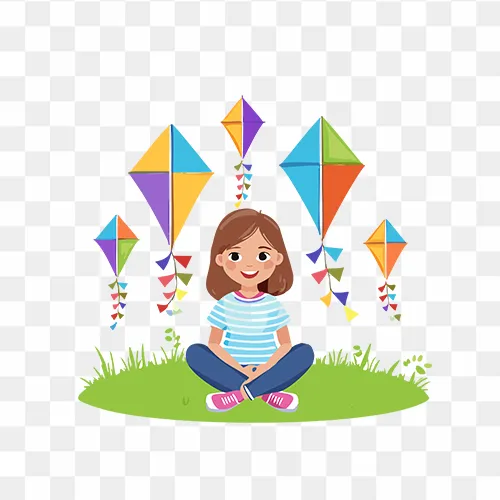 little child girl flying kite PNG transparent background