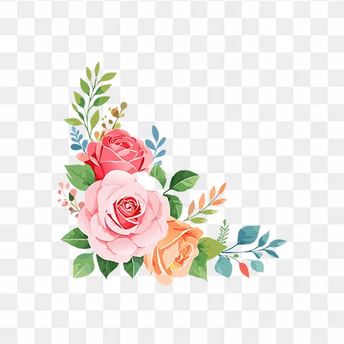 Rose flower bouquet watercolor corner design in PNG format for wedding invitations and creative projects