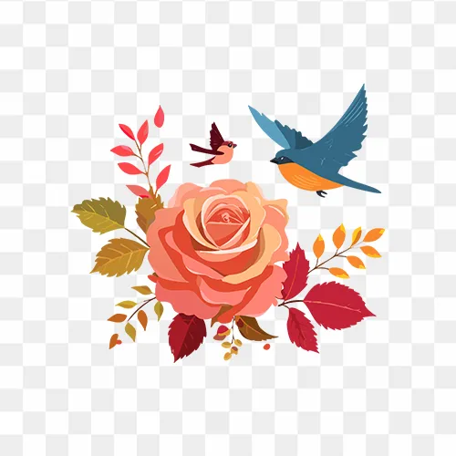 Rose with a bird flying in early autumn, available as a free PNG image