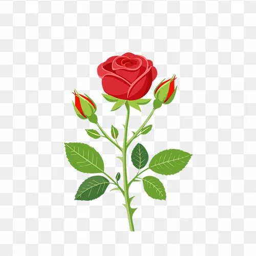 Single red rose with buds and green leaves isolated in high-quality PNG format