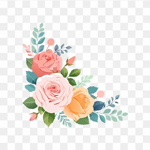 Watercolor rose flower bouquet corner design in PNG format for digital designs and invitations