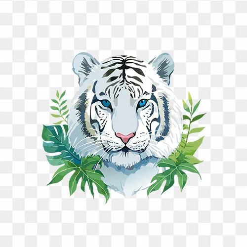 Hand-painted watercolor white tiger illustration in PNG format