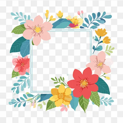 Wedding invitation design with colorful floral wreath frame and spring flowers in PNG format