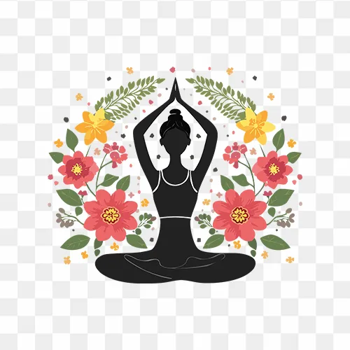 Yoga posture silhouette with floral design in PNG format
