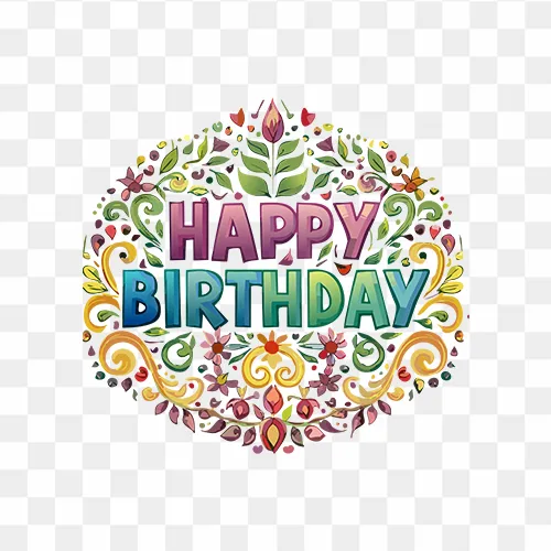 Elegant colorful Happy Birthday text with floral elements and transparent background