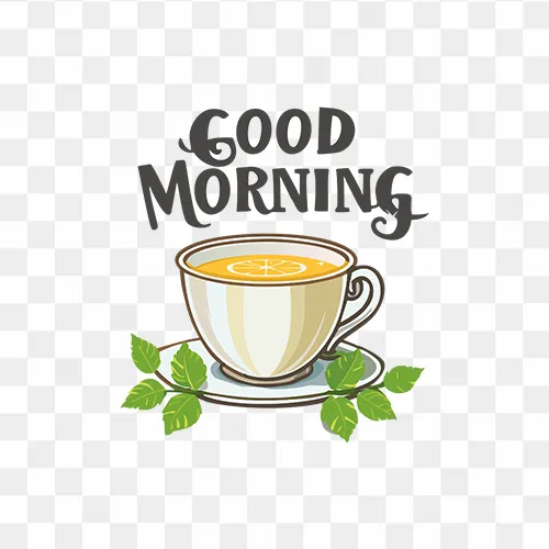 Good Morning with a cup of tea with lemon slice free PNG
