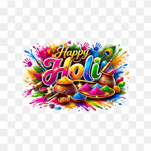 Festive Happy Holi text PNG with colourful Holi images