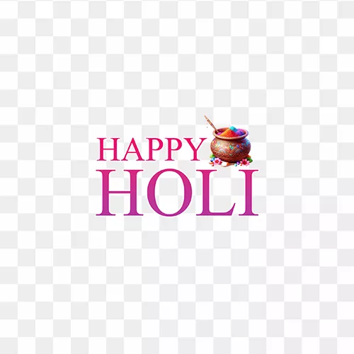 Happy Holi text PNG with Krishna matka full of colourful Holi powders
