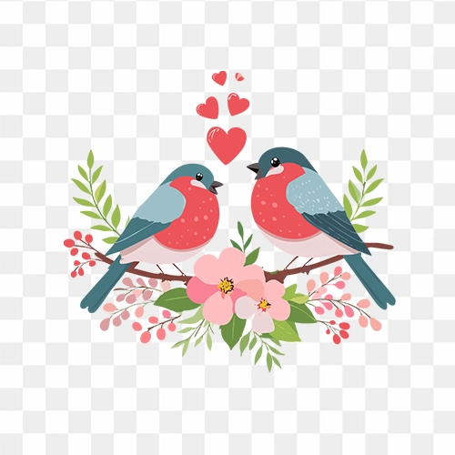 Valentine's Birds with Flowers PNG