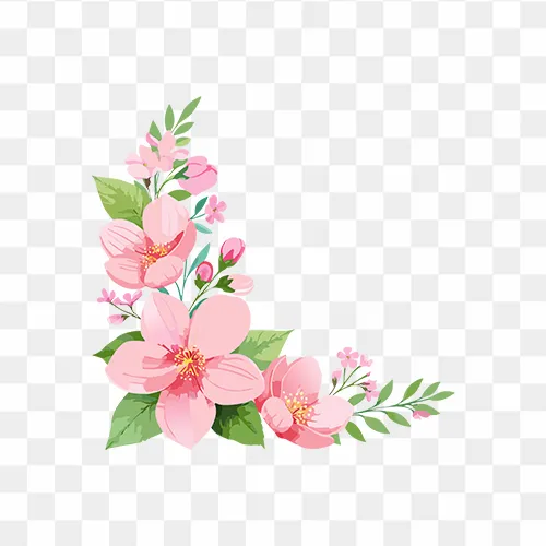 Elegant watercolor pink flower frame corner design in PNG format
